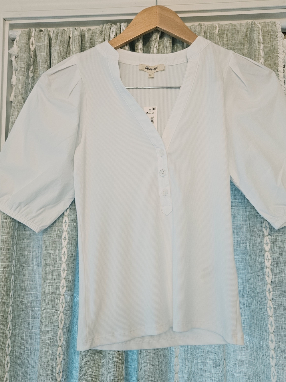 NWT Madewell Ribbed Puff- Sleeve Henley Knit Top White XXS